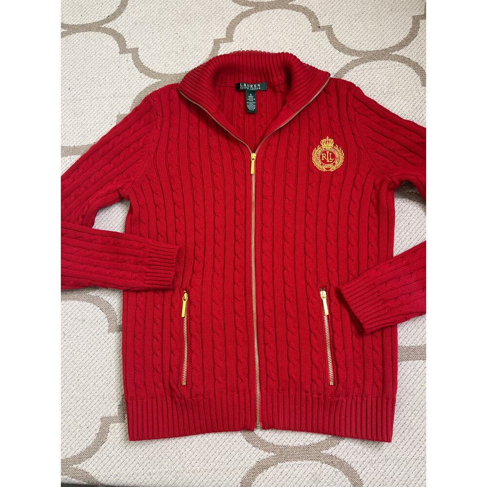 Lauren Ralph Lauren cable-knit zip sweater embroidered crest logo, size small